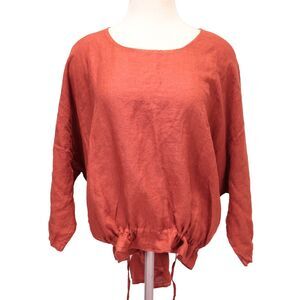 Meo Meli Women Blouse 100% Linen Tie Waist Round Neck Italy One Size Flowy Boho